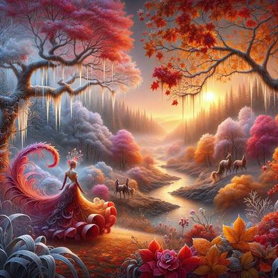 The primary subject of the image is a woman in a flowing dress, standing in a forest with a river flowing nearby. The setting is a lush, colorful forest with trees and flowers, creating a serene and magical atmosphere. The visual style is a digital art or illustration, with vibrant colors and intricate details. The dominant colors include shades of pink, red, and orange, which contribute to the overall mood of the scene.